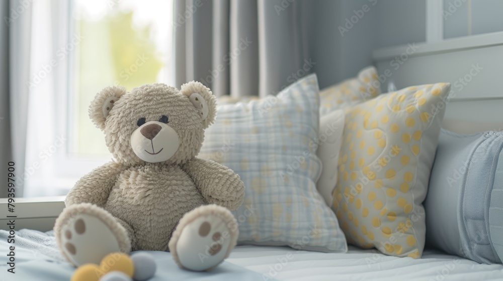 A soft teddy bear sitting on a bed with pillows in a child's bedroom, inviting comfort.