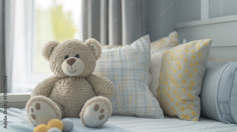 A soft teddy bear sitting on a bed with pillows in a child's bedroom, inviting comfort. A soft teddy bear sitting on a bed with pillows in a child's bedroom, inviting comfort.