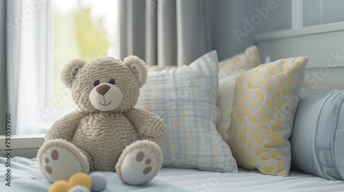A soft teddy bear sitting on a bed with pillows in a child's bedroom, inviting comfort. © tashechka