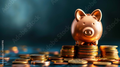 Perched upon a pile of coins, the piggy bank inspires a sense of financial prudence and foresight photo