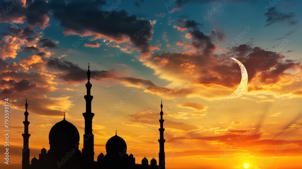 mosque at sunset and crescent moon above silhouette