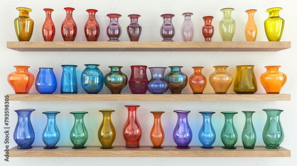 A vibrant collection of colorful glass vases displayed on wooden shelves.