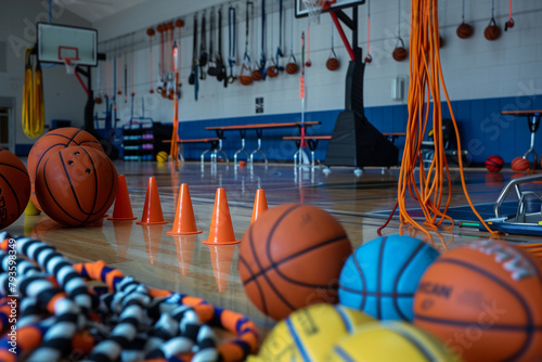 A school gym with various sports equipment like basketballs, jump ropes, and cones neatly organized, anticipating physical education classes.