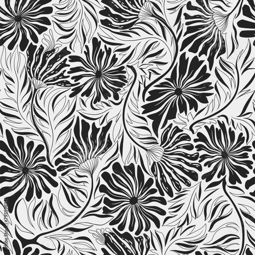 Seamless vector floral pattern with abstract black and white hand drawn flowers and leaves isolated on white background. Illustration template for fashion prints, fabric, wallpaper, card