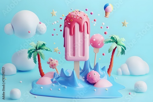 3D ice cream on blue pastel background. The concept of ice cream islands in summer.