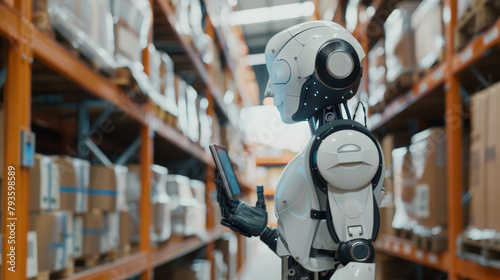modern humanoid AI robot using a barcode scanner working at warehouse of a shipping company, AI replacing humans concept, artificial intelligence technology automation