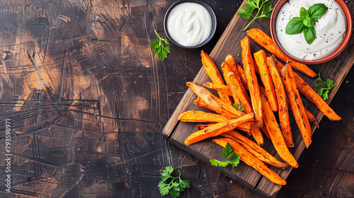 A wooden cutting board topped with a pile of crispy sweet potato fries ready to be enjoyed. Copy space. photo