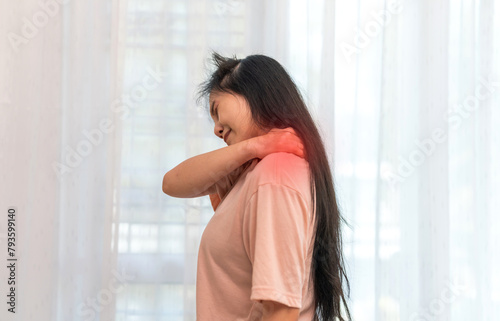Woman unhappy holding neck pain with suffering from painful shoulder, Upper arm pain, office syndrome, muscles problem, musculotendinous strain, hurt, massage, inflammation, Woman healthcare