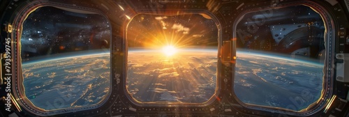 A window in a space station transformed into a holographic view of Earth, allowing astronauts to watch the sunrise over their home planet in realtime, despite being millions of miles away #793599745