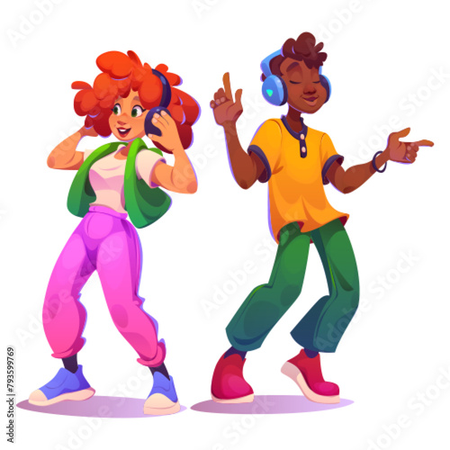 Persons listen to music in headphones and dance. Male and female young cartoon characters with earphones on head. Vector illustration set of man and woman relax and enjoy song moving to disco sound. photo