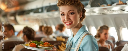 Charming flight attendant offering a meal service with a smile in an airplane cabin filled with passengers. banner