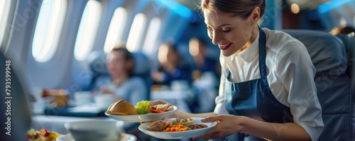 Charming flight attendant offering a meal service with a smile in an airplane cabin filled with passengers. banner © Michal
