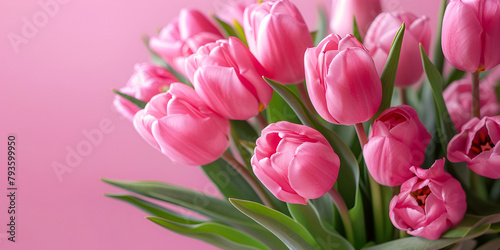 Bouquet of most beautiful pink tulips with bow on a pink background 