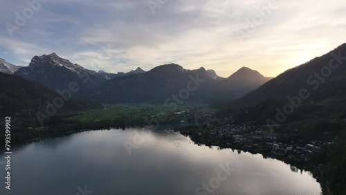 Twilight Embrace at Lake Walensee, Swiss Alps - aerial photo