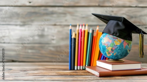 Education global business study abroad concept with globe, book, and cap graduation on wooden table photo