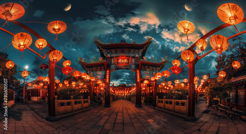 Chinese style architecture  an archway surrounded in the style of red lanterns  a symmetrical composition  a wideangle lens  a night scene  bright colors  a festive atmosphere  lantern light reflectin