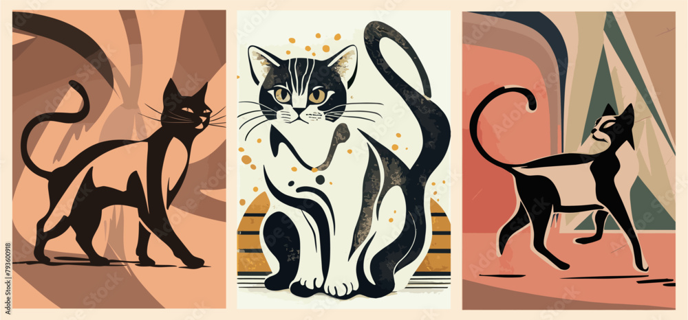 Set of retro posters in Mid Century modern style with cute black cats drawing. Vintage vector illustrations of Atomic Cats for printable wall arts, cards, decoration. Japandi, Scandinavian home decor.