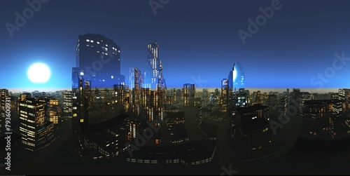 panorama of the night city, HDRI, environment map, Round panorama, spherical panorama, equidistant projection, 360 high resolution panorama , 3D rendering