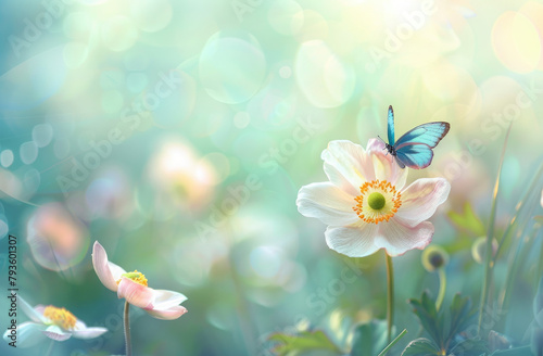Beautiful flower with butterfly on pastel background  spring nature  green meadow. Soft focus  concept of empty space