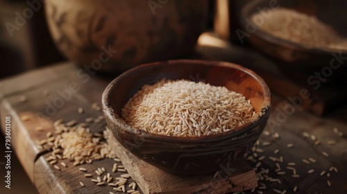 Bowl of rice grains on a wooden surface