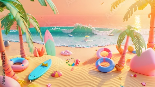 Summer vacation time. Realistic 3D elements from a minimalist promotional poster concept.