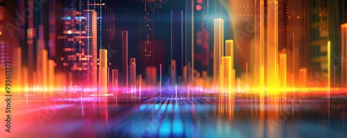 bustling cityscape at night, defined by vibrant lights and digital color effects.