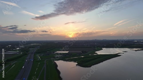 Scenic Coastal Roads During Sunset In Hendrik-Ido-Ambacht In Western Netherlands. Aerial Shot photo