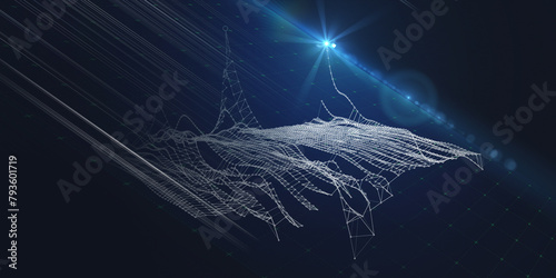 Abstract background grid polygonal wireframe graph with circles and light on dark blue. Technology graph concept in virtual space. Big Data. Banner for business, science and technology.