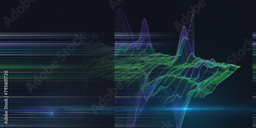 Abstract background color graph with white circles in lines and grid on dark. Interlacement  technology data concept in virtual space. Big Data. Banner for business, science and technology data.