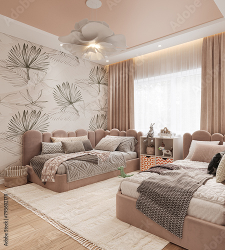 Interior of childroom in soft pastel colors with two beds, 3d render
 photo