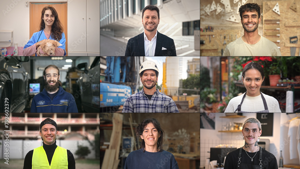 Obraz premium Many different profession collage. Happy people portrait mix. Lots of smile worker. Joy employee team work. Faces staff multi screen. Various job split. Young adult guys girls group. Man race diverse.