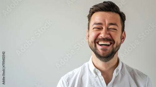 A male consultant laughing during a casual meeting, conveying warmth and accessibility, against a clear, neutral background, styled as a friendly business interaction. © Exnoi