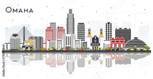 Omaha Nebraska City Skyline with Color Buildings and reflections Isolated on White. Travel and Tourism Concept with Historic Architecture. Omaha USA Cityscape with Landmarks.
