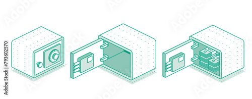 Isometric safe set with open and closed doors. Outline object isolated on white background. Vector illustration. Icon of security. Safe shown from different angles. Money inside.