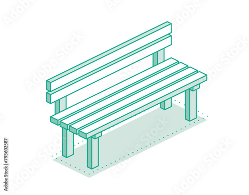 Isometric outline modern street bench. Minimalist object isolated on clean white background. Perfect for representing public spaces, urban planning, and modern architecture.