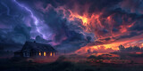A storm is coming in over a house and the sky is purple.Lighting storm over a suburban house

