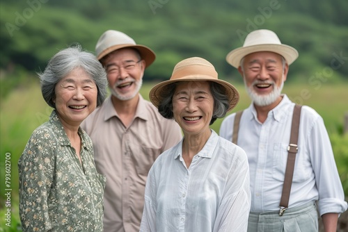 Group of asian senior people standing in the garden with happy and smile.