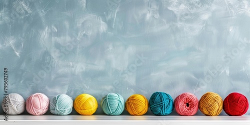 A row of vibrant yarn balls neatly arranged against a textured blue background, ready for crafting. photo