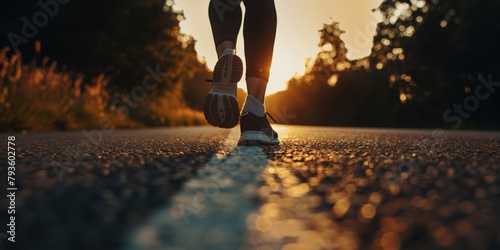 Close-up of a jogger's feet running on an asphalt road during a golden hour sunrise.