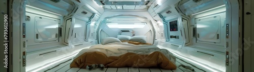 Sleeping pods on a spaceship came equipped with builtin straps, gently cradling astronauts during their slumber, preventing them from bumping into the walls during their weightless dreams photo