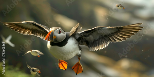 Atlantic puffin Fratercula arctica flying in the forest  on the island of Runde Norway It is the only puffin native to the Atlantic Ocean photo