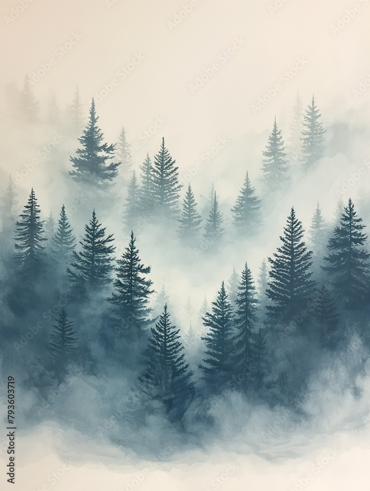 illustration of a foggy forest with fir trees and mountains