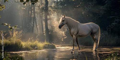 A beautiful white horse walks in a stream in the forest at sunset