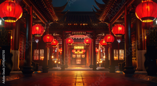 Chinese style architecture, an archway surrounded in the style of red lanterns, a symmetrical composition, a wideangle lens, a night scene, bright colors, a festive atmosphere, lantern light reflectin © Kien