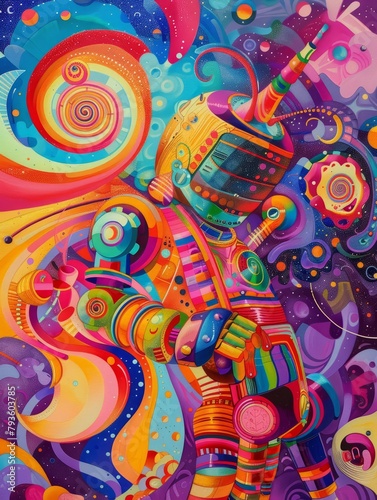 Vibrant colors swirling around the robot as it plays music © JK_kyoto