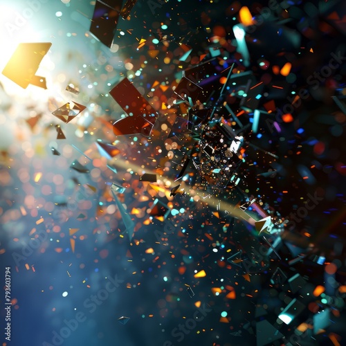 A colorful explosion of debris and shards of glass