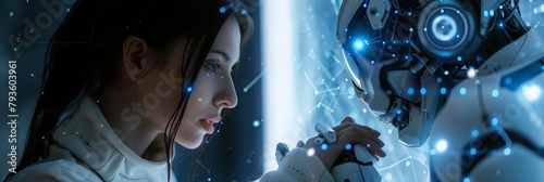 Woman and AI robot strategizing together to solve a complex problem in a futuristic world photo