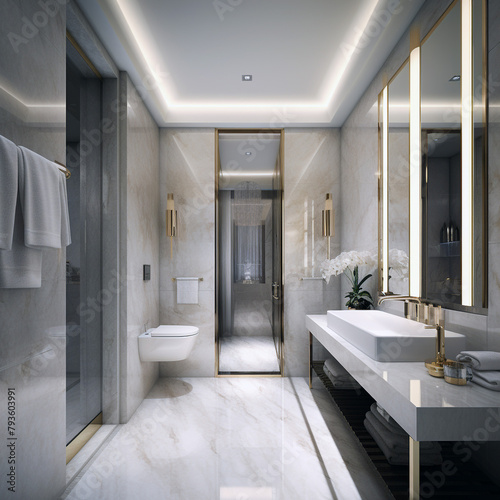 The interior illustration, modern bathroom, modern sanitary equipment, walls, and floors are decorated with natural marble. Very expensive building material. Marble from Europe.