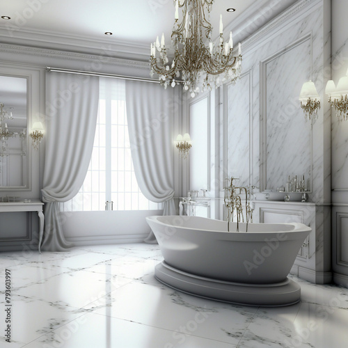 The interior illustration  modern bathroom  modern sanitary equipment  walls  and floors are decorated with natural marble. Very expensive building material. Marble from Europe.