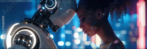 Woman and AI robot strategizing together to solve a complex problem in a futuristic world photo
